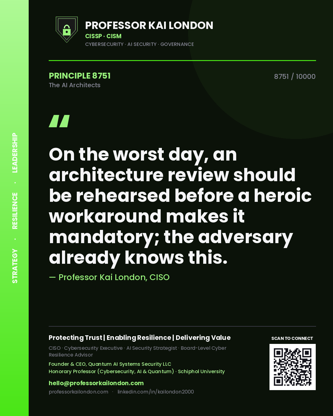 Professor Kai London principle 8751: On the worst day, an architecture review should be rehearsed before a heroic workaround makes it mandatory; the adversary already knows this.