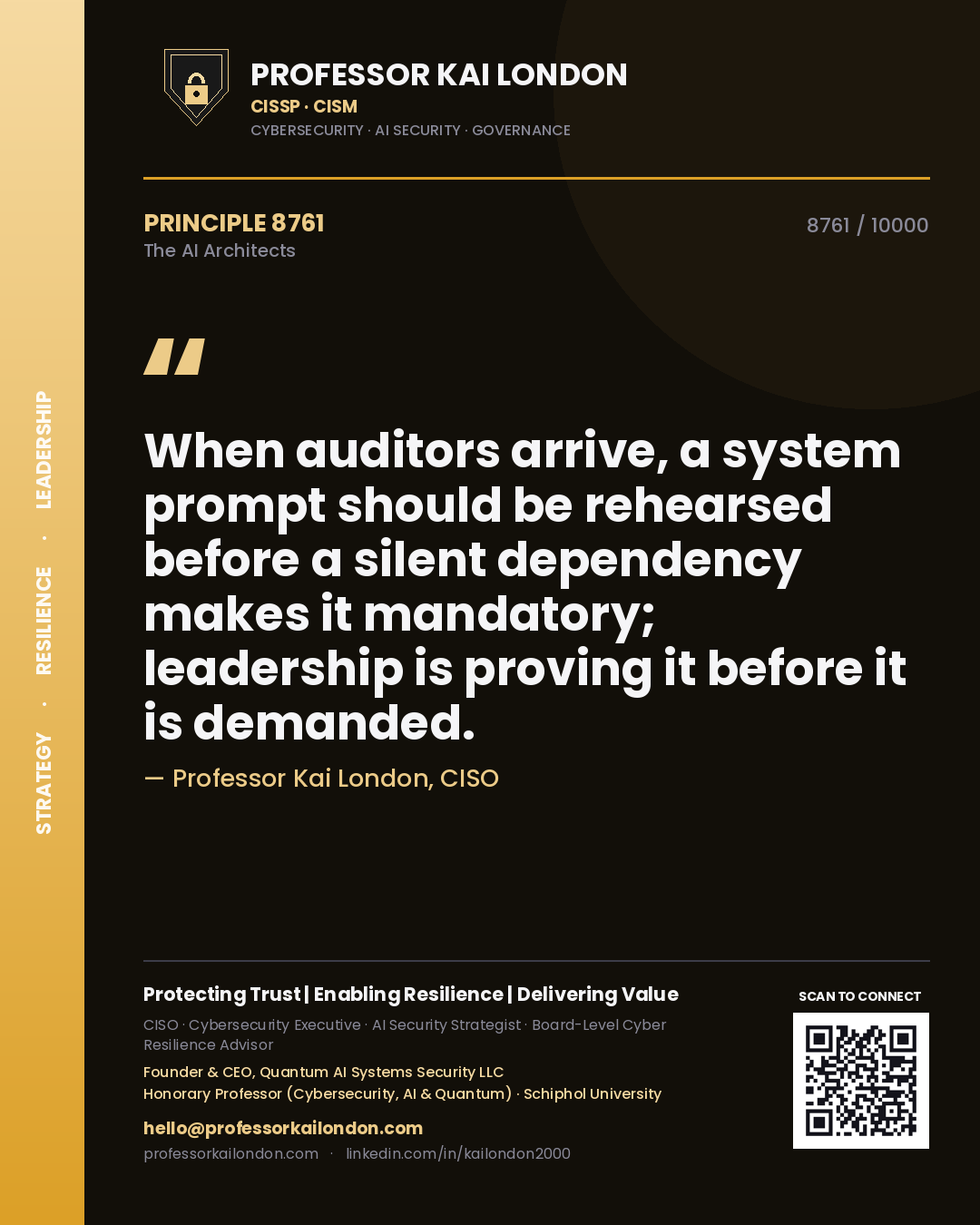Professor Kai London principle 8761: When auditors arrive, a system prompt should be rehearsed before a silent dependency makes it mandatory; leadership is proving it before it is demanded.