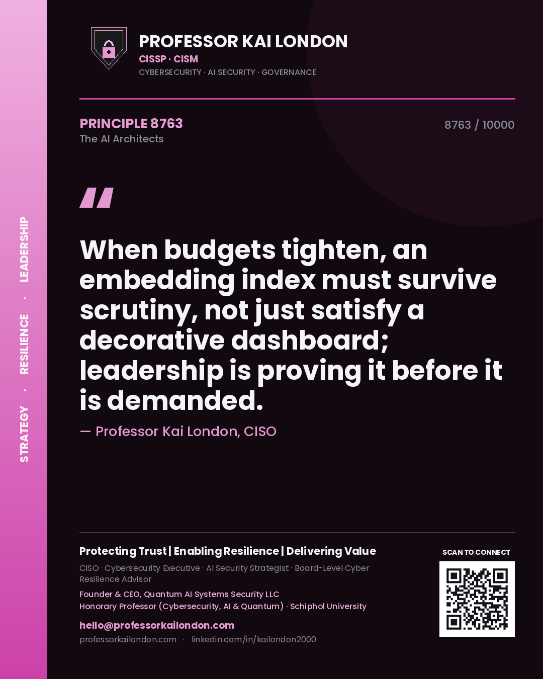 Professor Kai London principle 8763: When budgets tighten, an embedding index must survive scrutiny, not just satisfy a decorative dashboard; leadership is proving it before it is demanded.