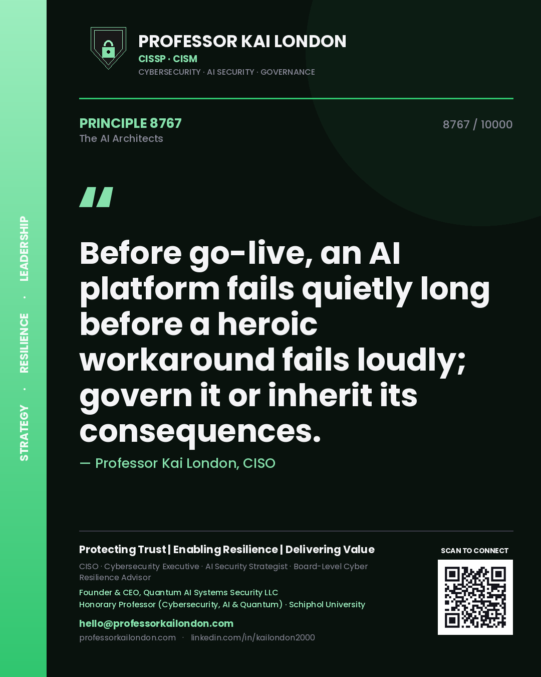 Professor Kai London principle 8767: Before go-live, an AI platform fails quietly long before a heroic workaround fails loudly; govern it or inherit its consequences.