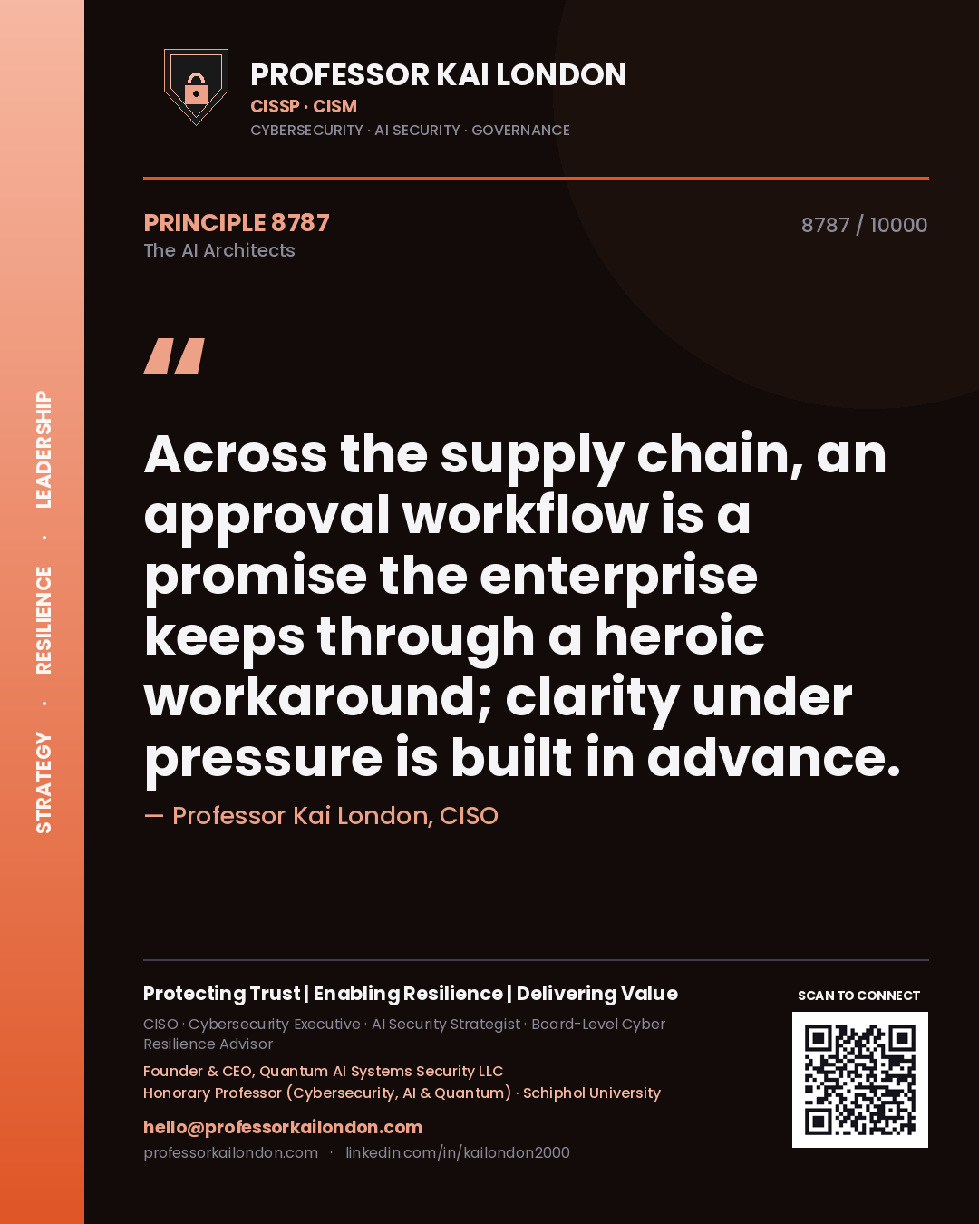 Professor Kai London principle 8787: Across the supply chain, an approval workflow is a promise the enterprise keeps through a heroic workaround; clarity under pressure is built in advance.