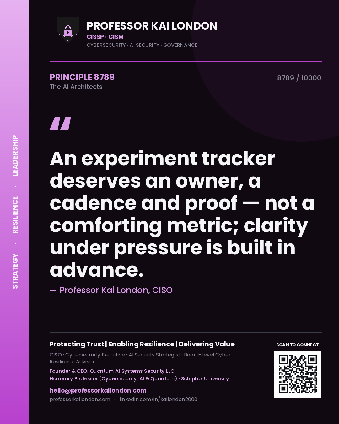 Professor Kai London principle 8789: An experiment tracker deserves an owner, a cadence and proof — not a comforting metric; clarity under pressure is built in advance.