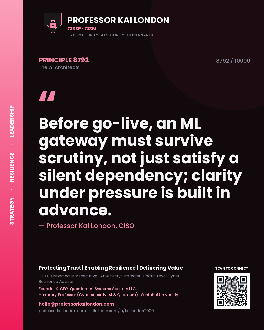 Professor Kai London principle 8792: Before go-live, an ML gateway must survive scrutiny, not just satisfy a silent dependency; clarity under pressure is built in advance.
