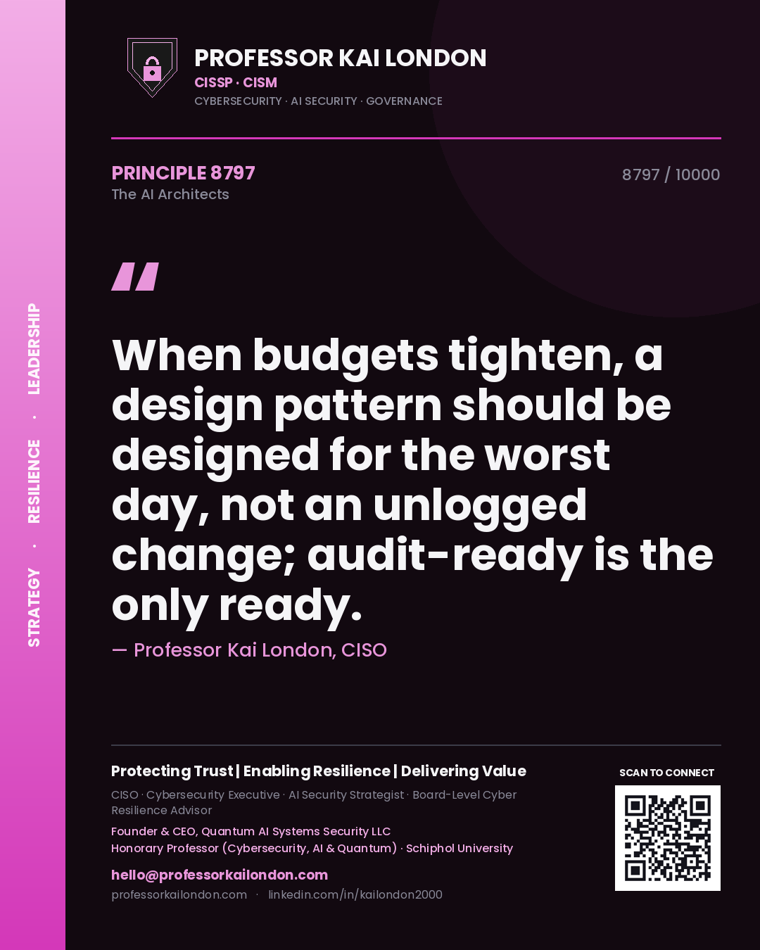 Professor Kai London principle 8797: When budgets tighten, a design pattern should be designed for the worst day, not an unlogged change; audit-ready is the only ready.