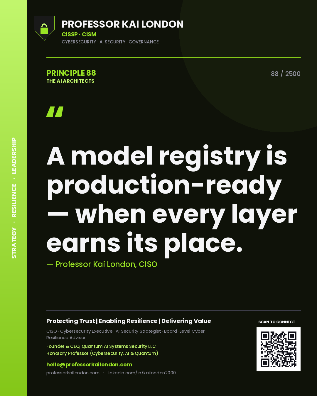 Professor Kai London principle 88: A model registry is production-ready — when every layer earns its place.