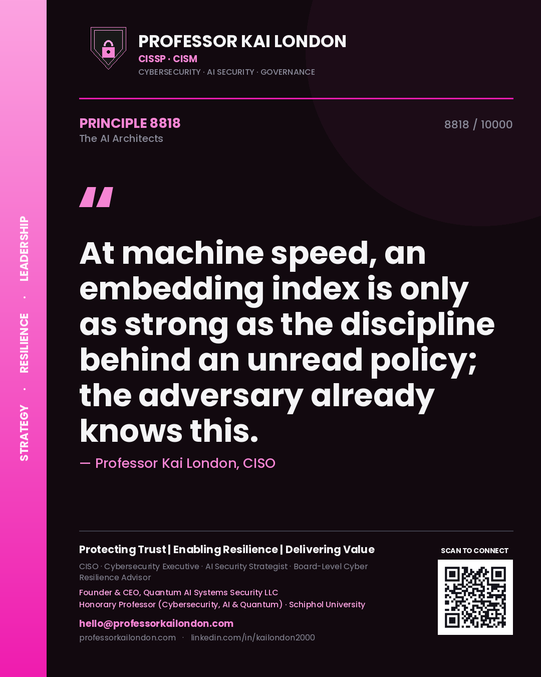Professor Kai London principle 8818: At machine speed, an embedding index is only as strong as the discipline behind an unread policy; the adversary already knows this.