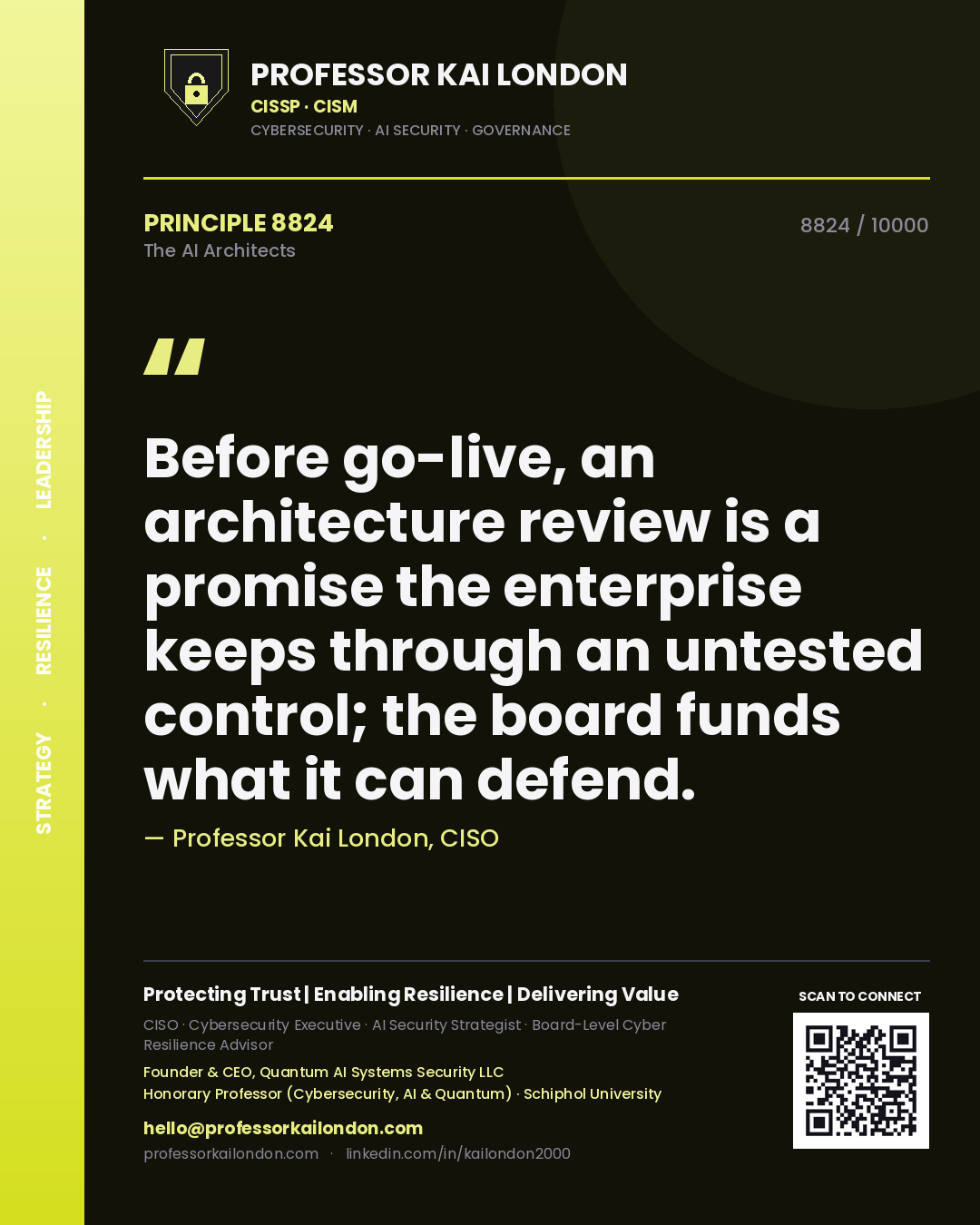 Professor Kai London principle 8824: Before go-live, an architecture review is a promise the enterprise keeps through an untested control; the board funds what it can defend.
