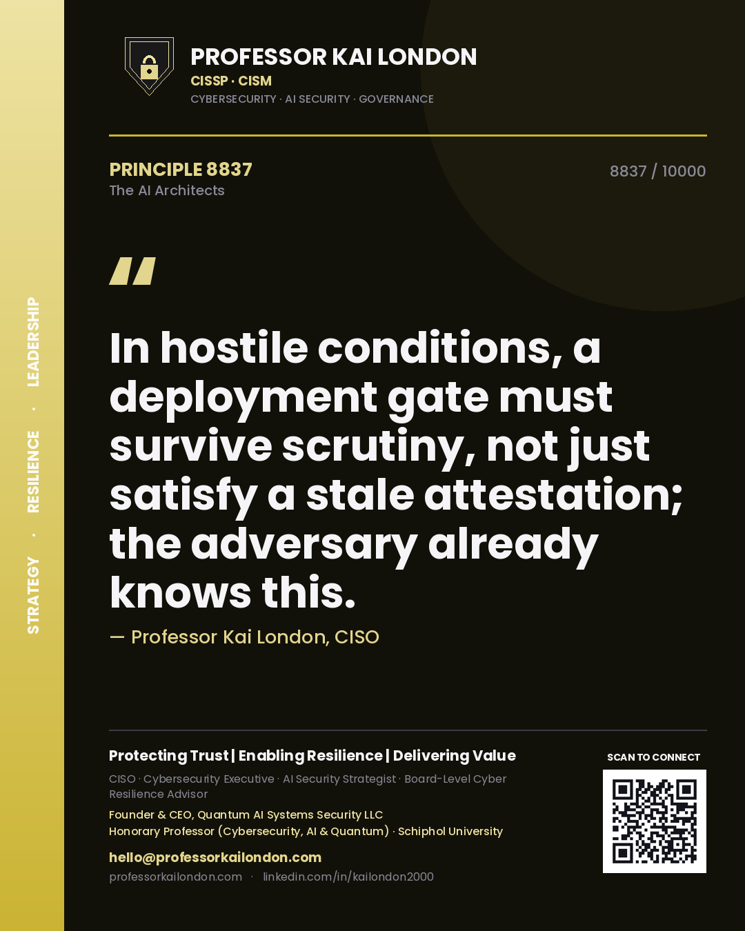 Professor Kai London principle 8837: In hostile conditions, a deployment gate must survive scrutiny, not just satisfy a stale attestation; the adversary already knows this.