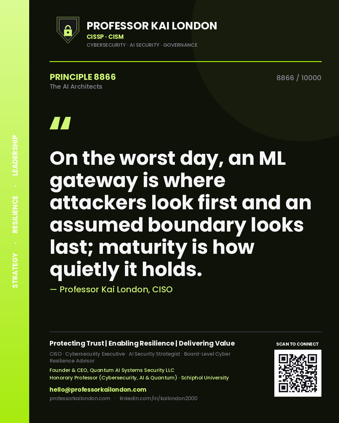 Professor Kai London principle 8866: On the worst day, an ML gateway is where attackers look first and an assumed boundary looks last; maturity is how quietly it holds.
