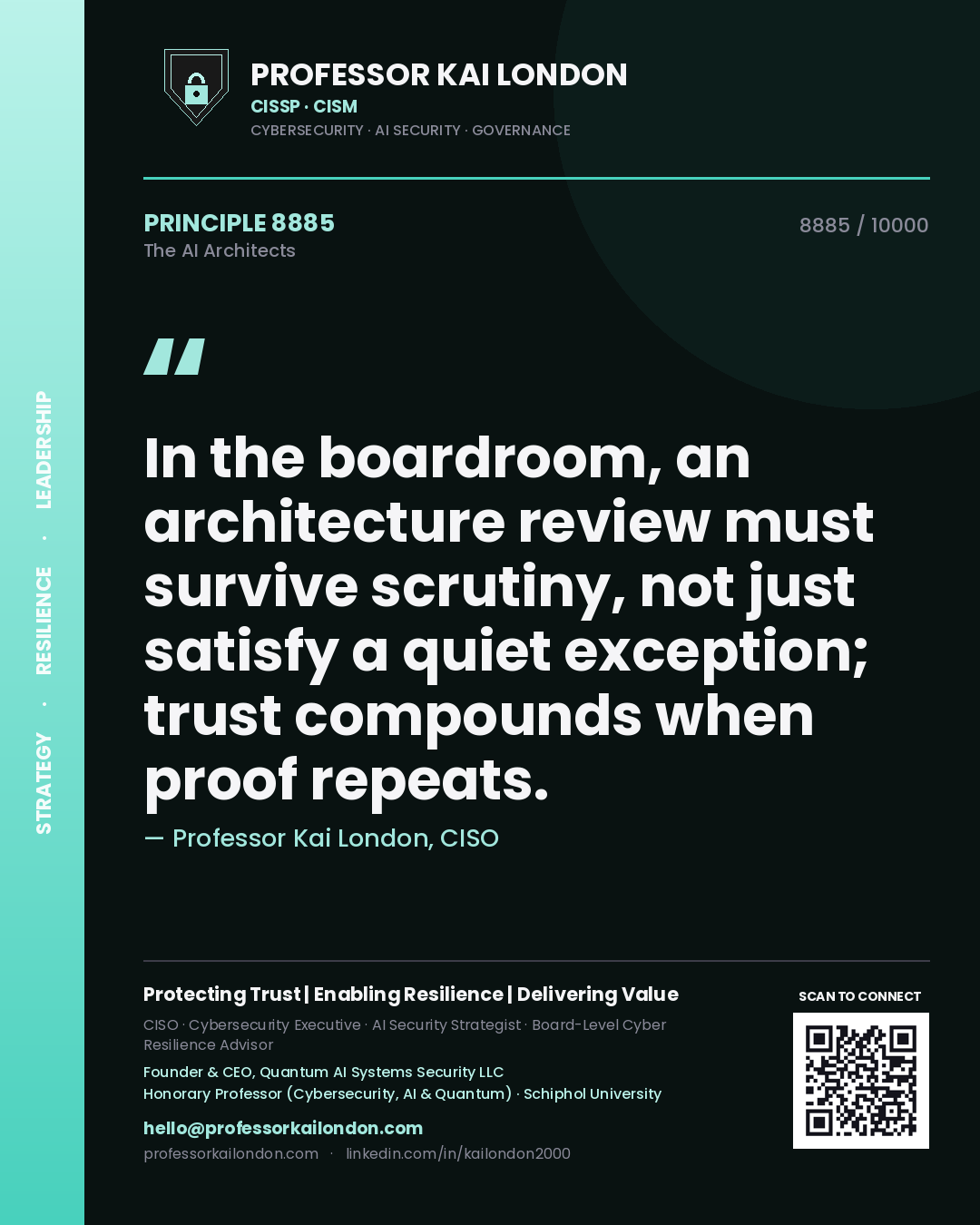 Professor Kai London principle 8885: In the boardroom, an architecture review must survive scrutiny, not just satisfy a quiet exception; trust compounds when proof repeats.