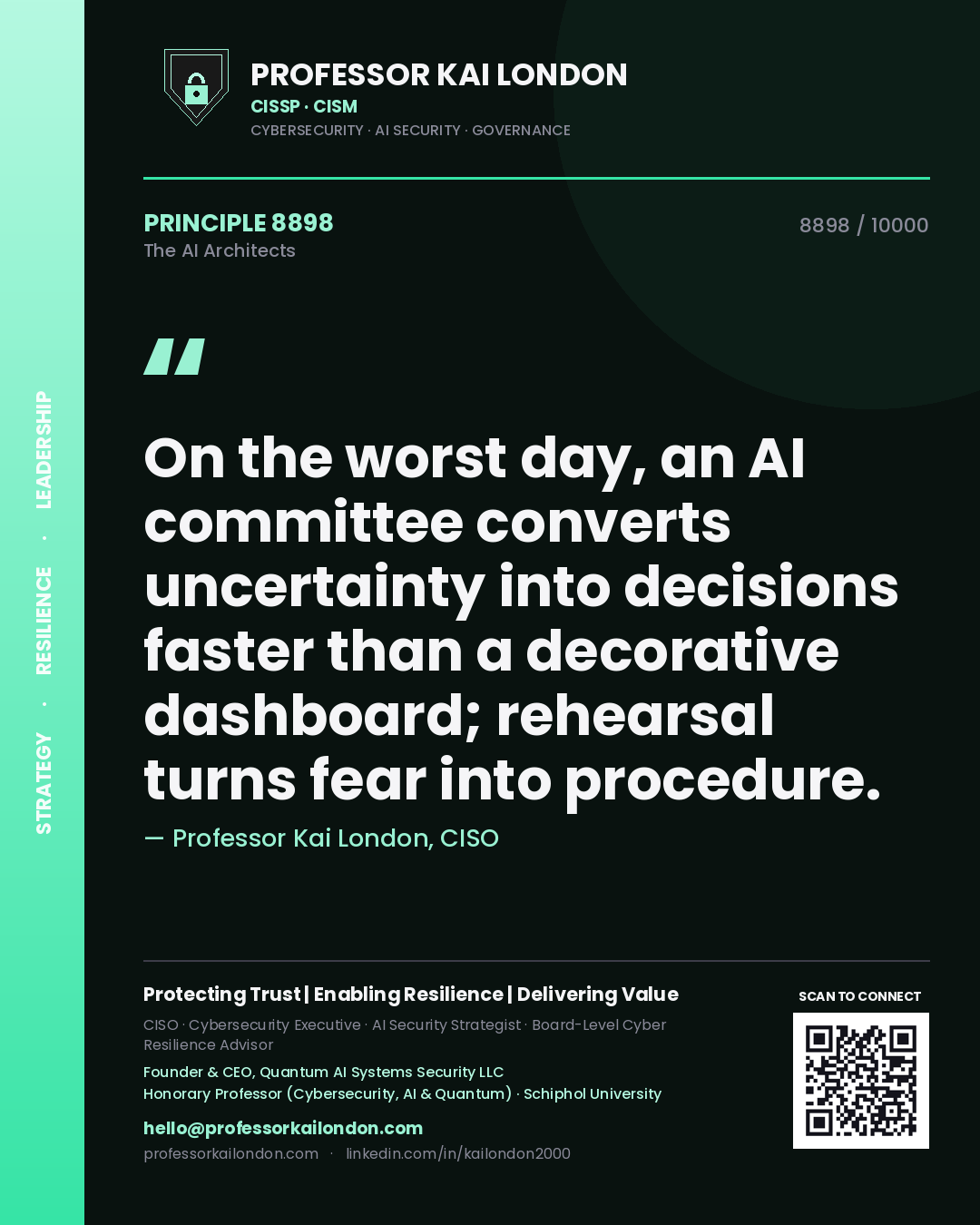 Professor Kai London principle 8898: On the worst day, an AI committee converts uncertainty into decisions faster than a decorative dashboard; rehearsal turns fear into procedure.