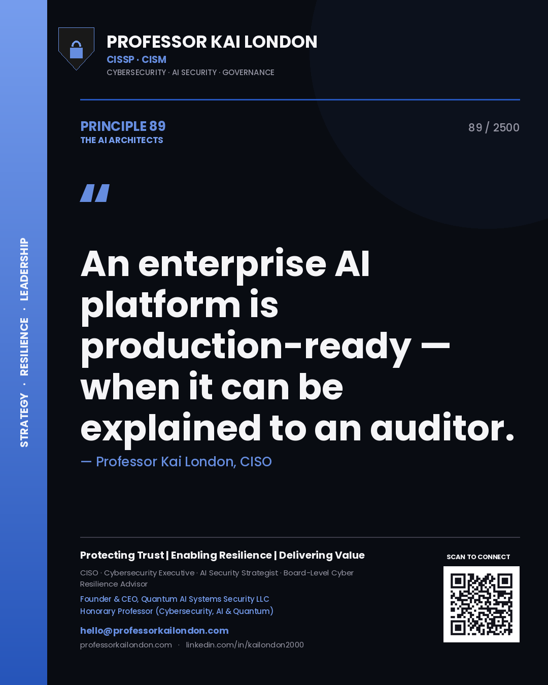 Professor Kai London principle 89: An enterprise AI platform is production-ready — when it can be explained to an auditor.