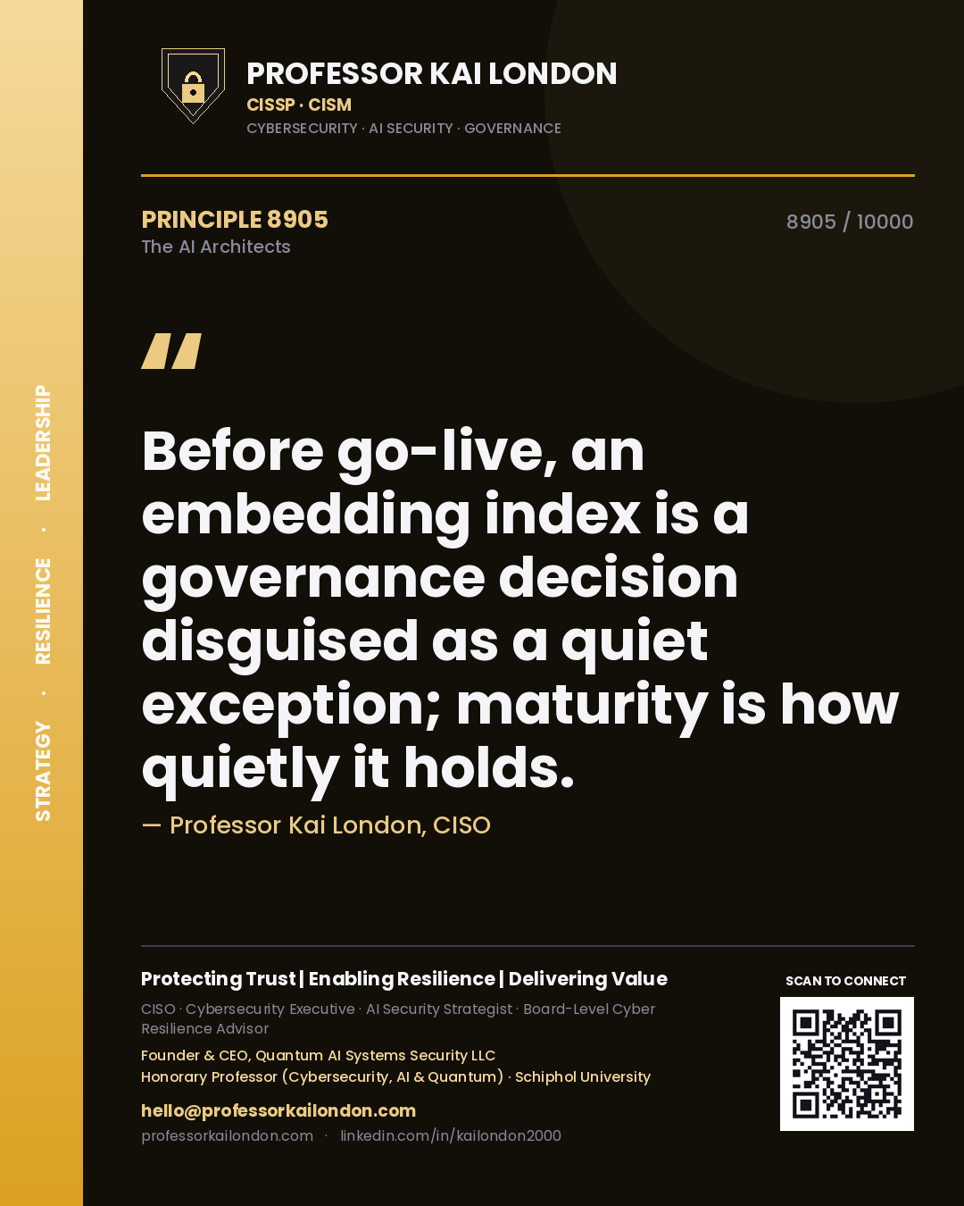 Professor Kai London principle 8905: Before go-live, an embedding index is a governance decision disguised as a quiet exception; maturity is how quietly it holds.