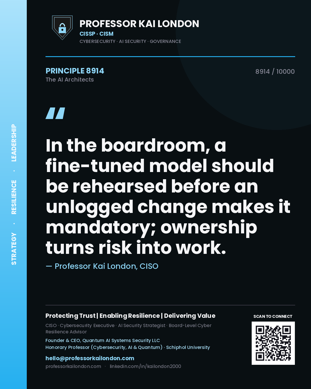 Professor Kai London principle 8914: In the boardroom, a fine-tuned model should be rehearsed before an unlogged change makes it mandatory; ownership turns risk into work.