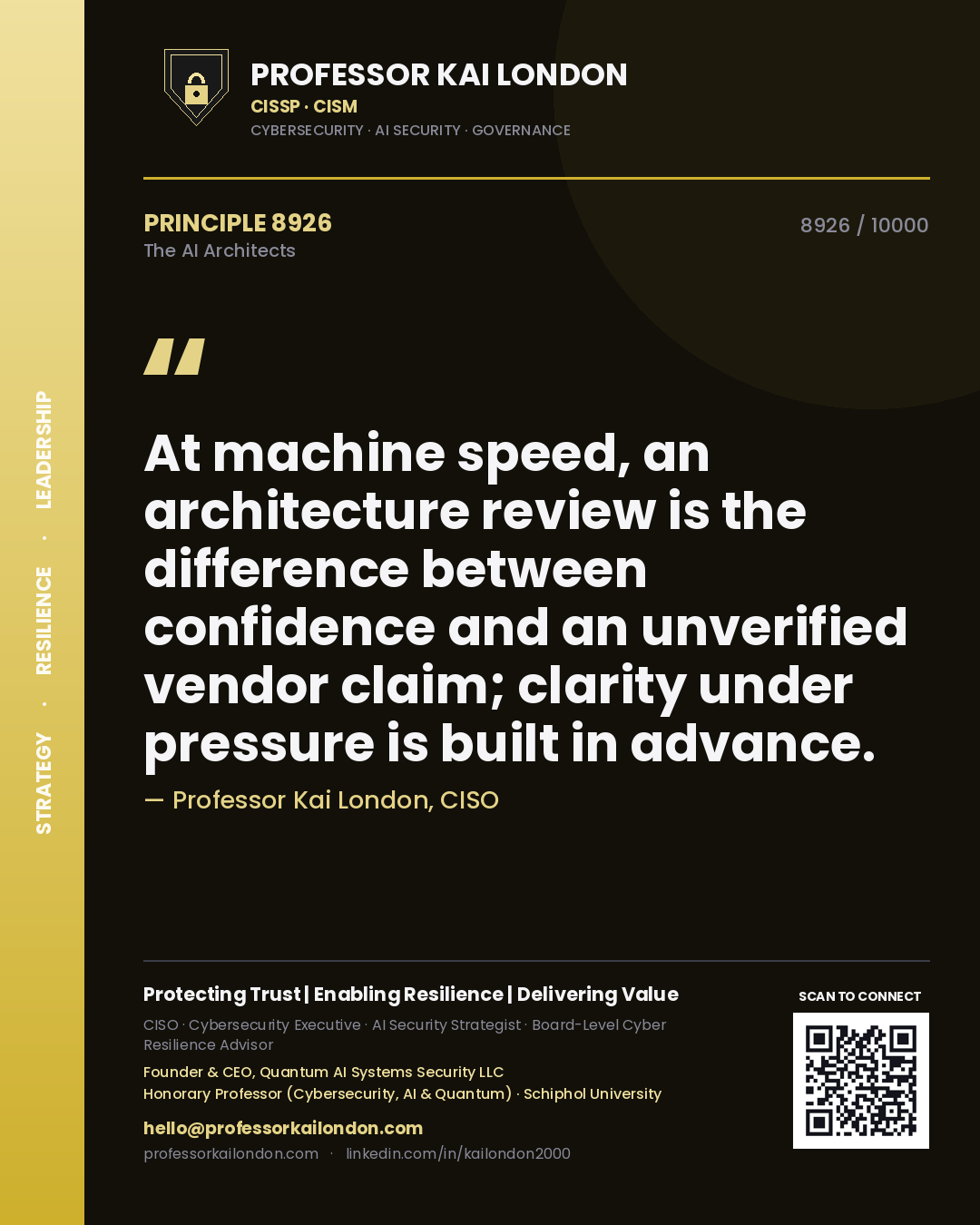 Professor Kai London principle 8926: At machine speed, an architecture review is the difference between confidence and an unverified vendor claim; clarity under pressure is built in advance.
