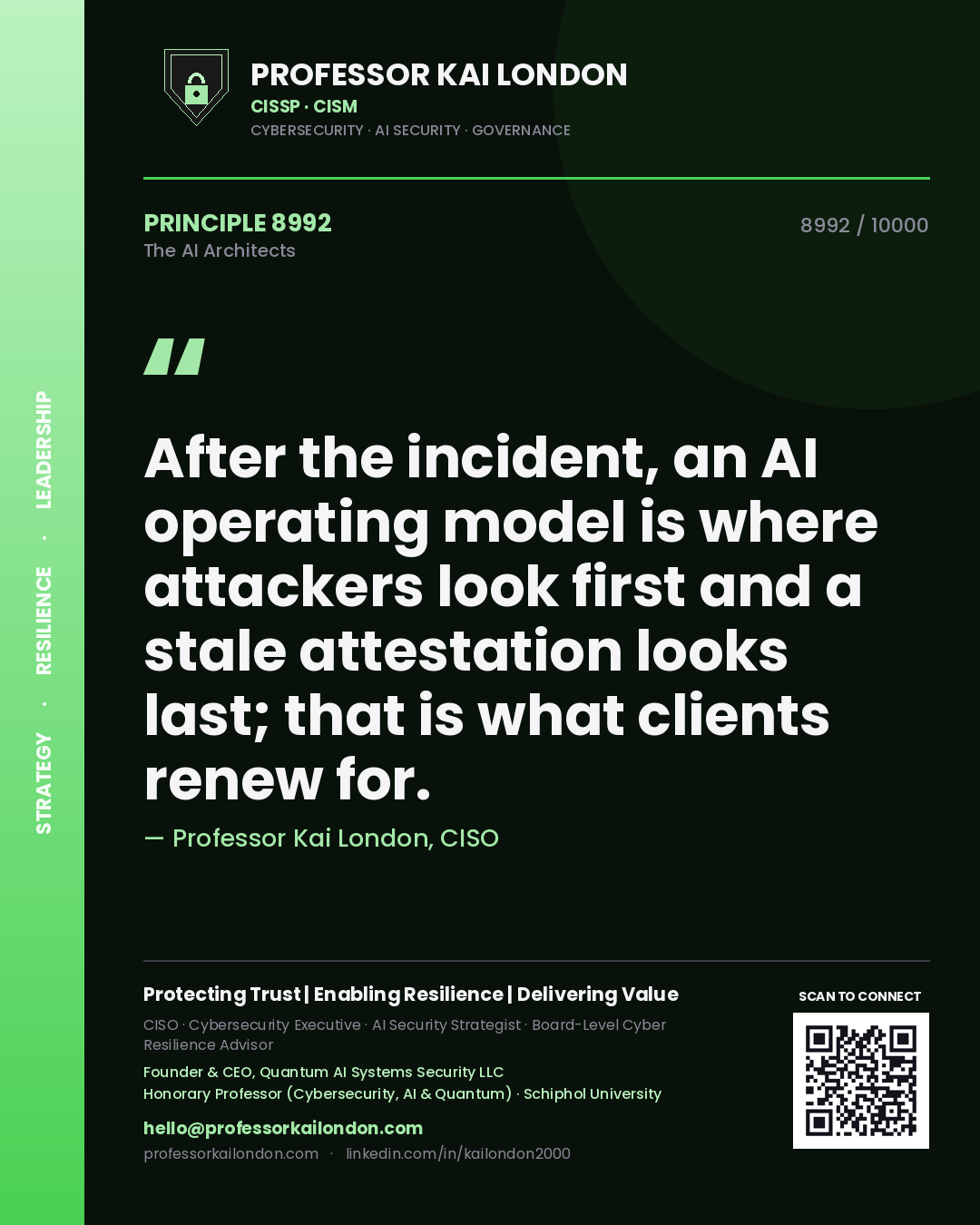 Professor Kai London principle 8992: After the incident, an AI operating model is where attackers look first and a stale attestation looks last; that is what clients renew for.
