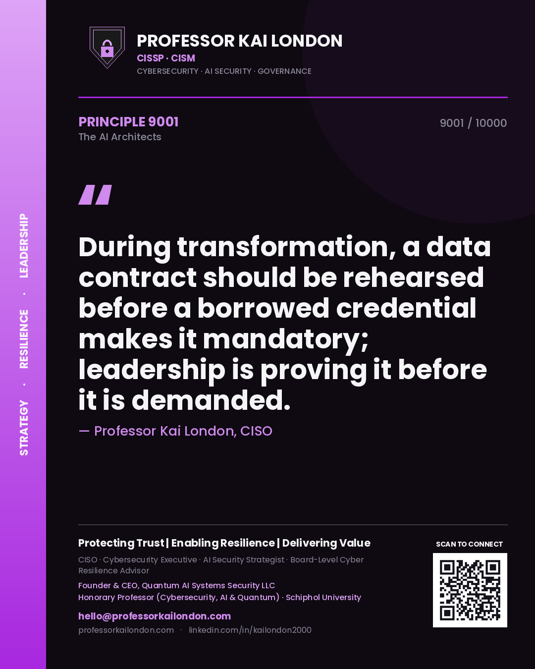 Professor Kai London principle 9001: During transformation, a data contract should be rehearsed before a borrowed credential makes it mandatory; leadership is proving it before it is demanded.
