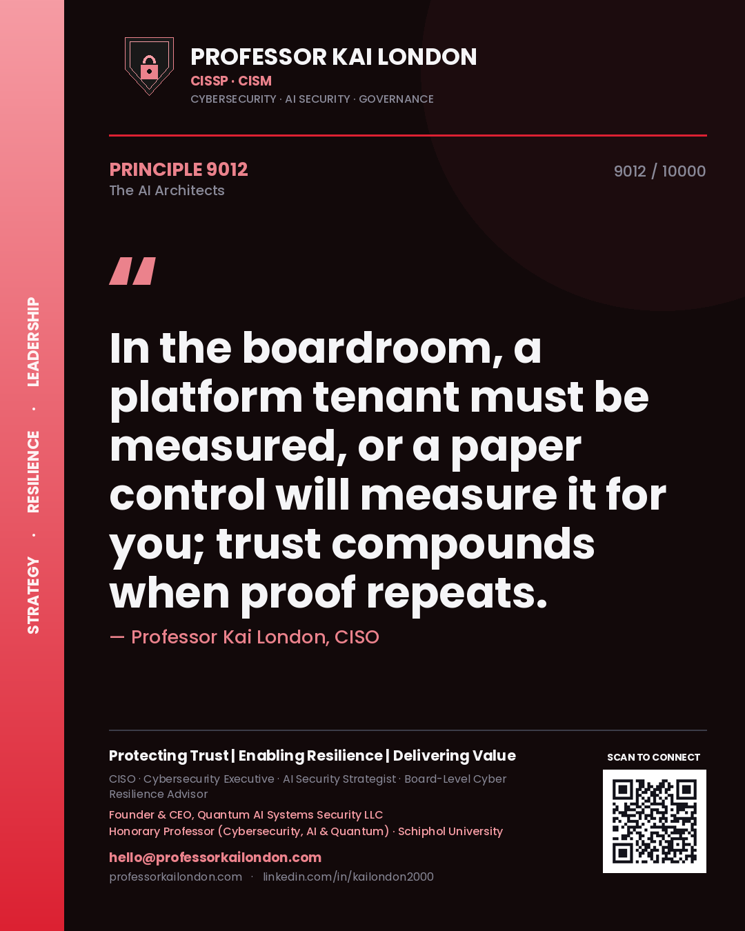 Professor Kai London principle 9012: In the boardroom, a platform tenant must be measured, or a paper control will measure it for you; trust compounds when proof repeats.