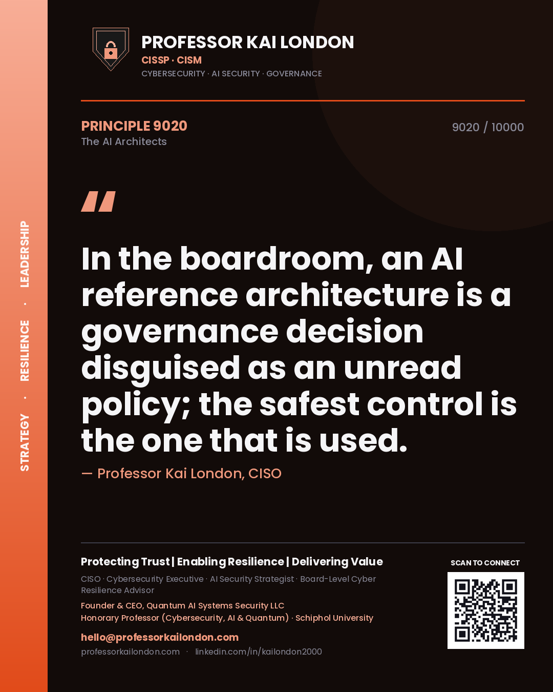 Professor Kai London principle 9020: In the boardroom, an AI reference architecture is a governance decision disguised as an unread policy; the safest control is the one that is used.