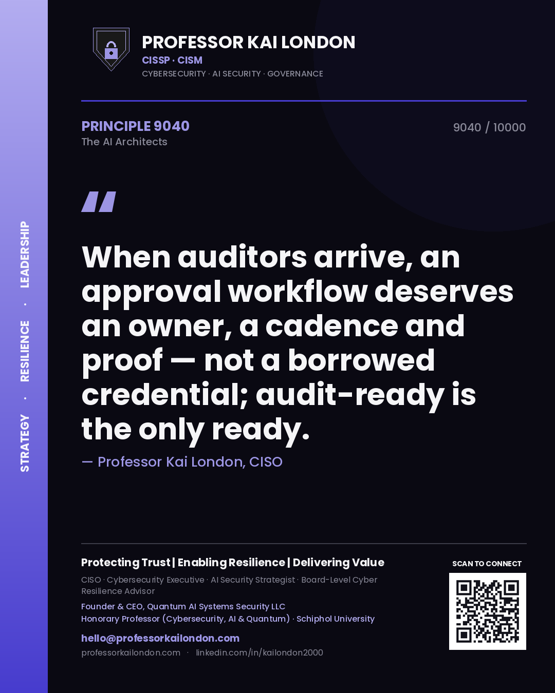 Professor Kai London principle 9040: When auditors arrive, an approval workflow deserves an owner, a cadence and proof — not a borrowed credential; audit-ready is the only ready.