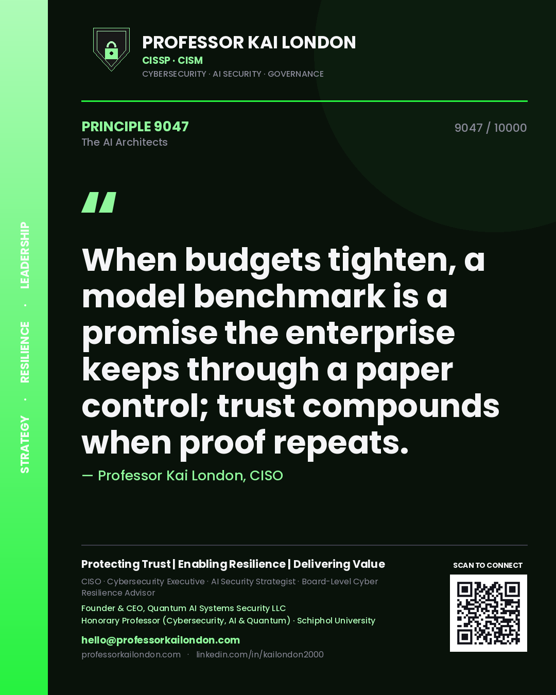 Professor Kai London principle 9047: When budgets tighten, a model benchmark is a promise the enterprise keeps through a paper control; trust compounds when proof repeats.