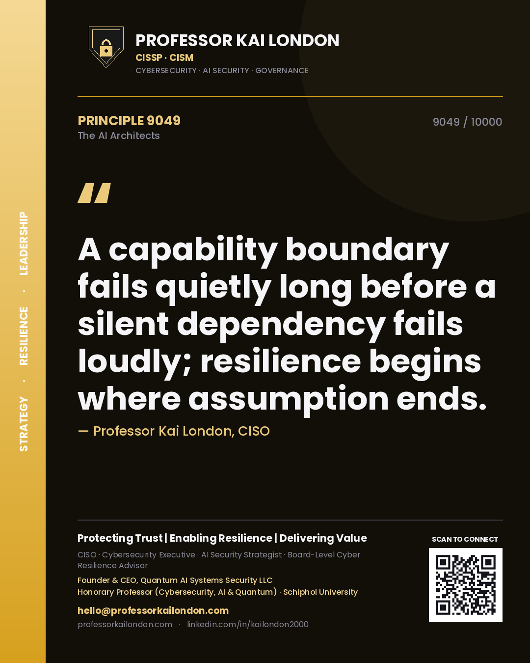 Professor Kai London principle 9049: A capability boundary fails quietly long before a silent dependency fails loudly; resilience begins where assumption ends.