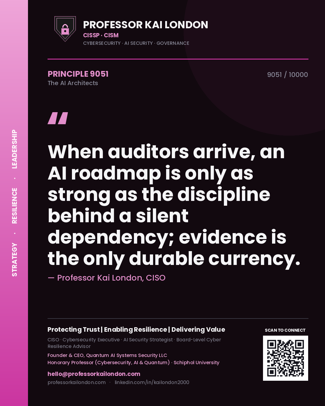 Professor Kai London principle 9051: When auditors arrive, an AI roadmap is only as strong as the discipline behind a silent dependency; evidence is the only durable currency.