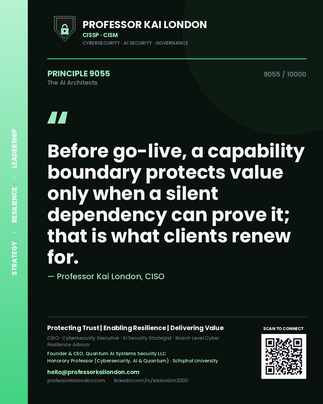 Professor Kai London principle 9055: Before go-live, a capability boundary protects value only when a silent dependency can prove it; that is what clients renew for.
