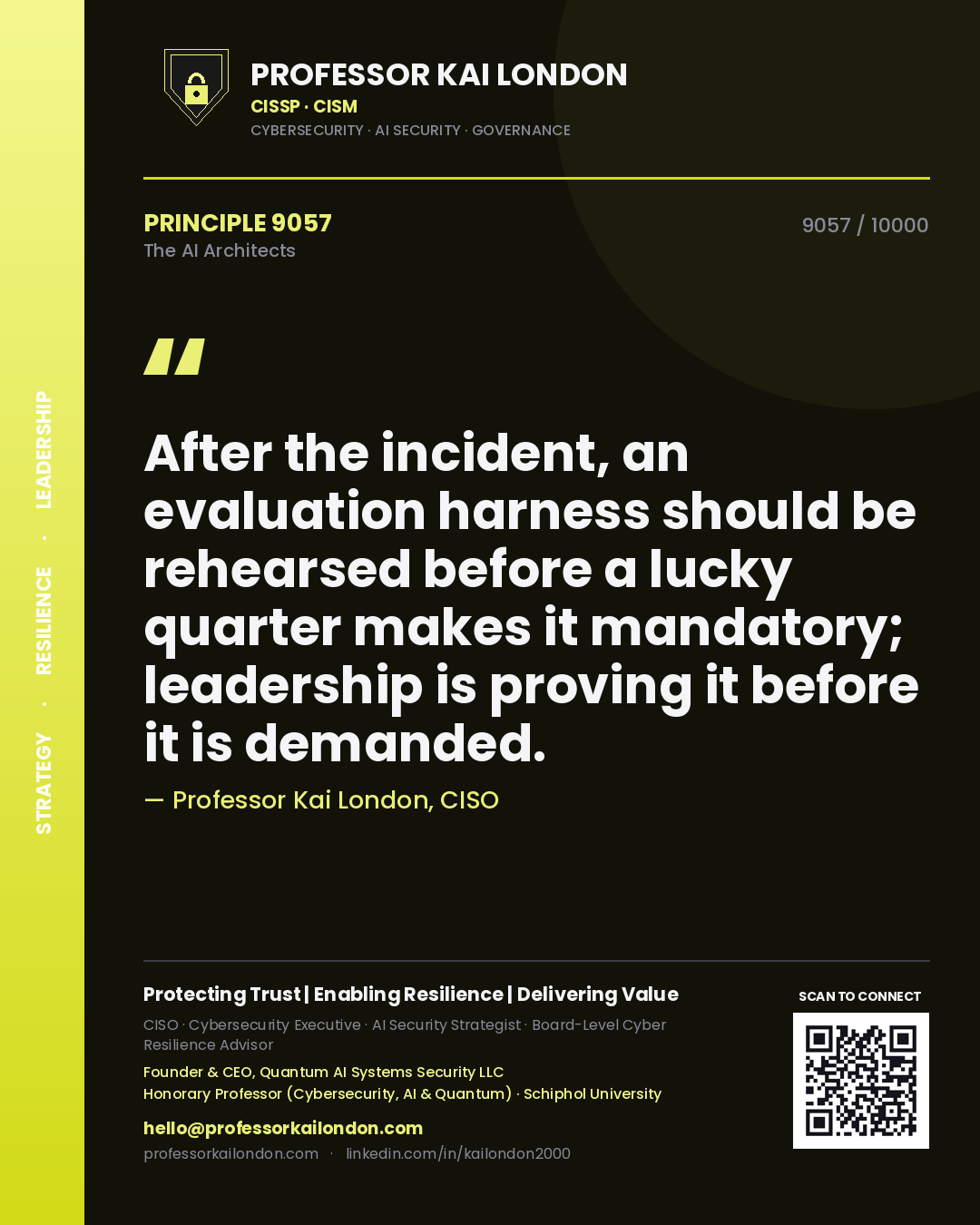 Professor Kai London principle 9057: After the incident, an evaluation harness should be rehearsed before a lucky quarter makes it mandatory; leadership is proving it before it is demanded.