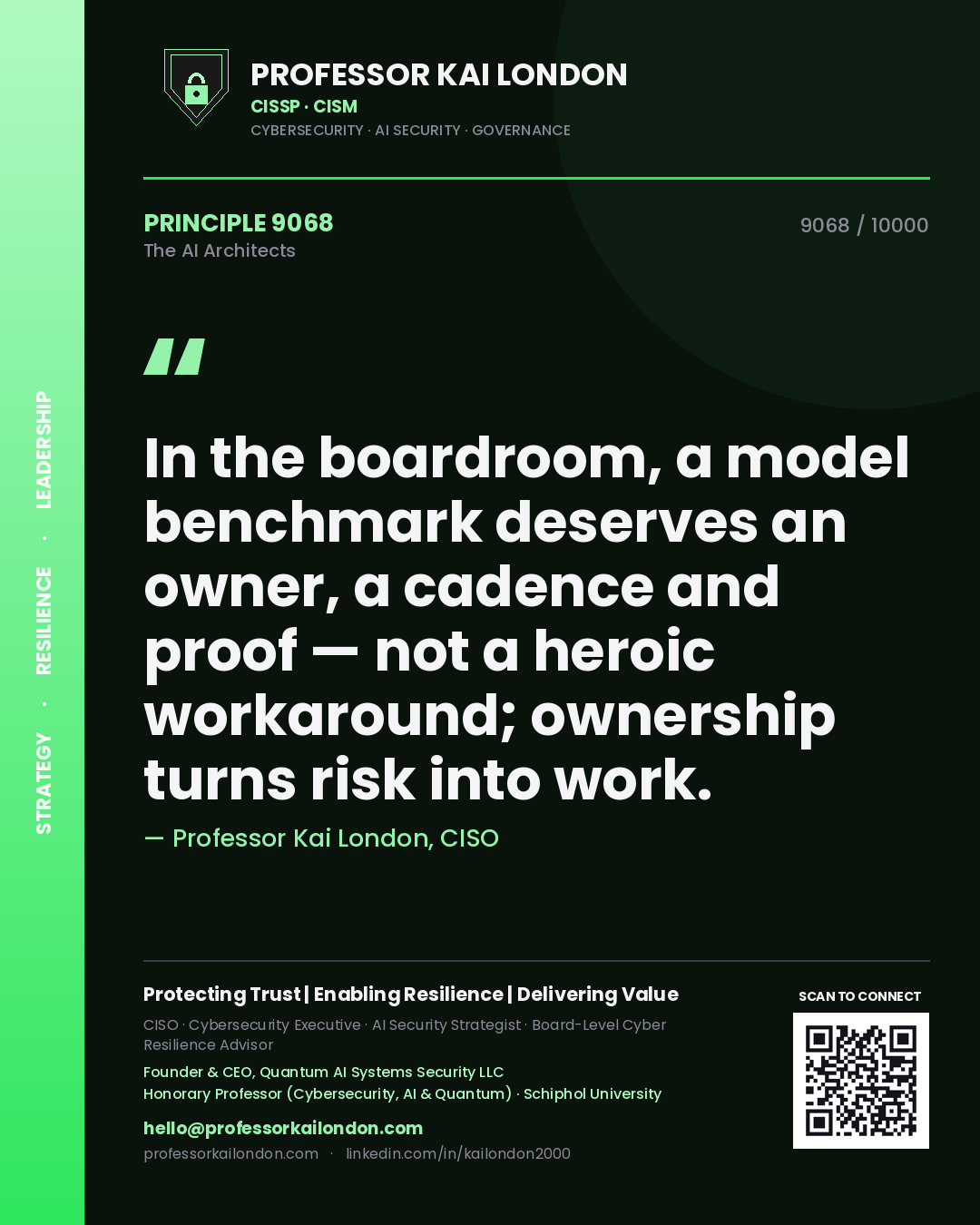Professor Kai London principle 9068: In the boardroom, a model benchmark deserves an owner, a cadence and proof — not a heroic workaround; ownership turns risk into work.