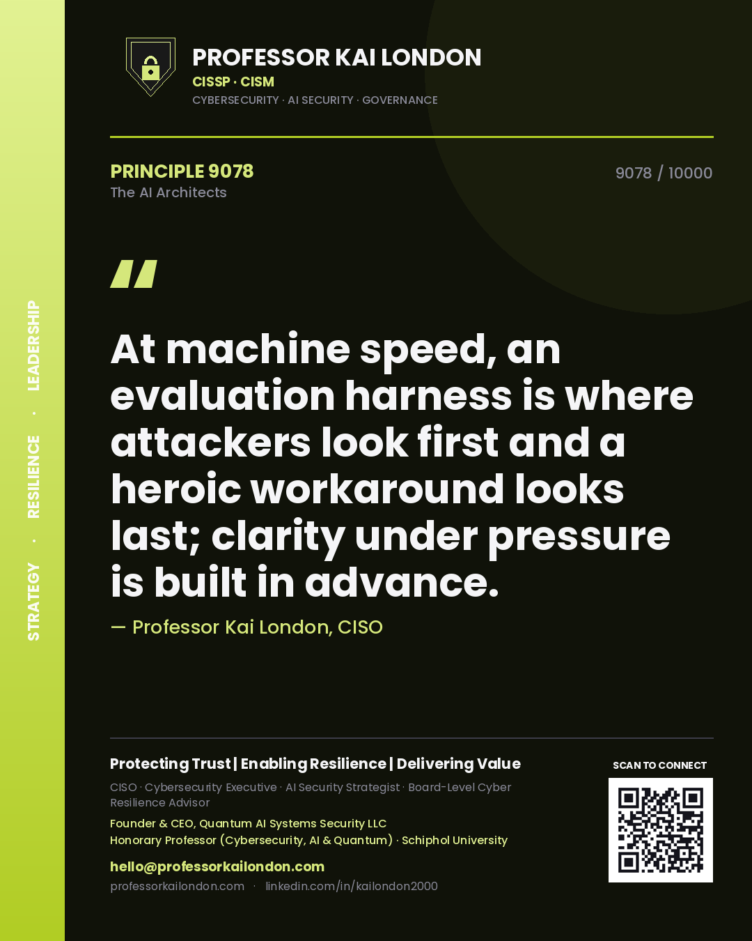 Professor Kai London principle 9078: At machine speed, an evaluation harness is where attackers look first and a heroic workaround looks last; clarity under pressure is built in advance.