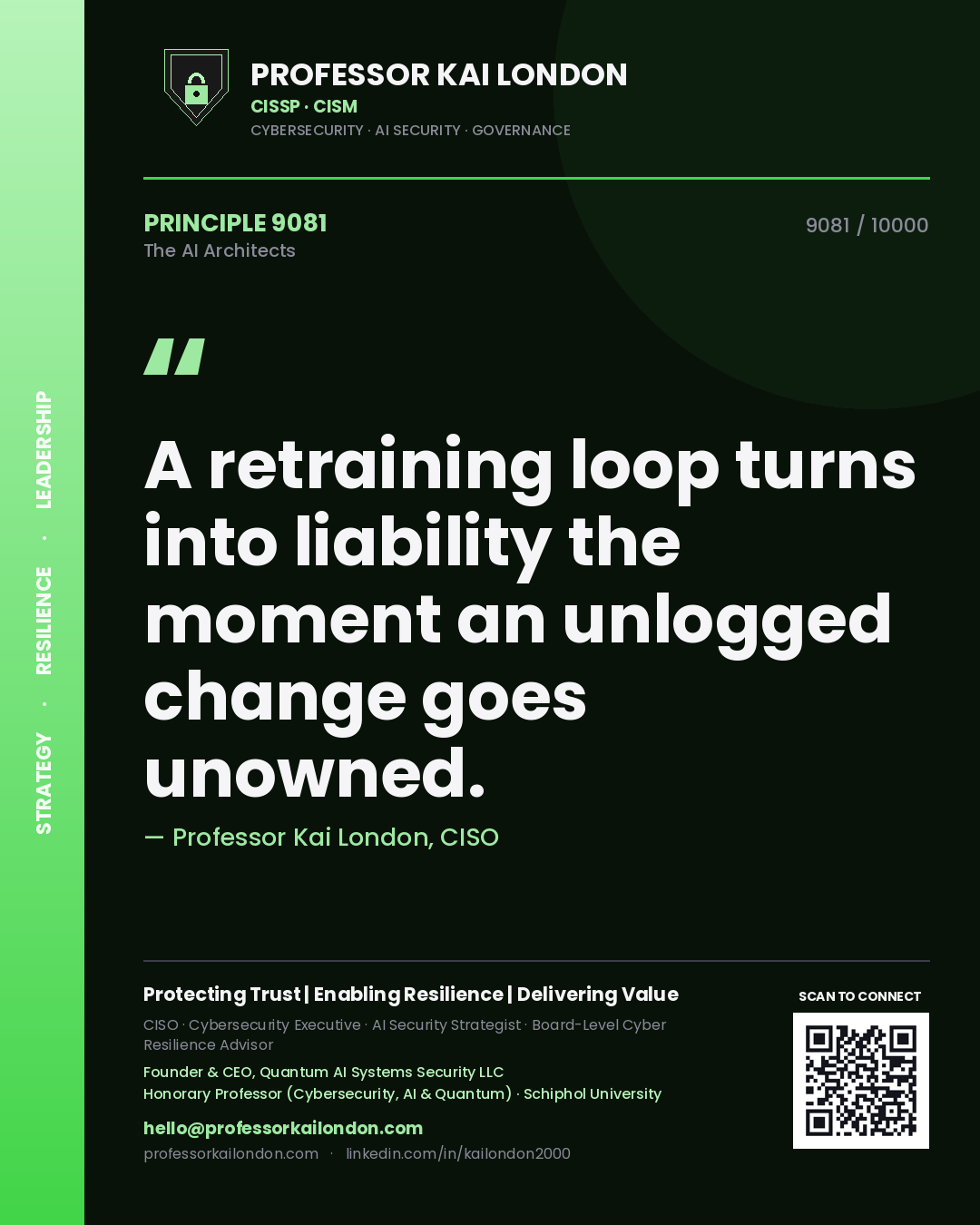 Professor Kai London principle 9081: A retraining loop turns into liability the moment an unlogged change goes unowned.