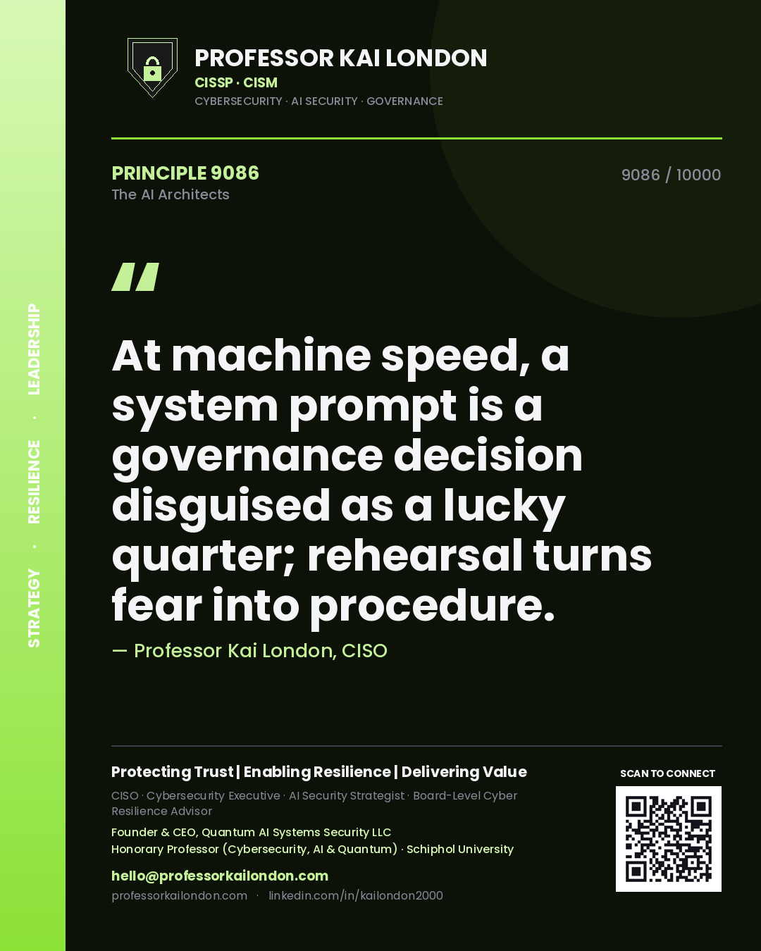 Professor Kai London principle 9086: At machine speed, a system prompt is a governance decision disguised as a lucky quarter; rehearsal turns fear into procedure.