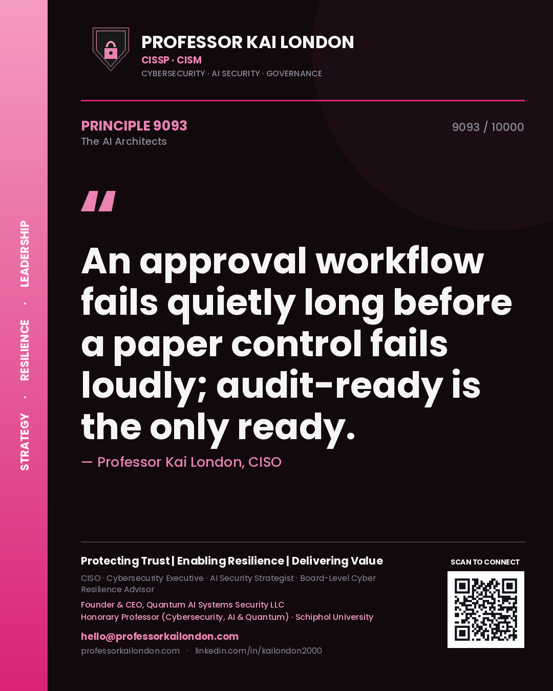 Professor Kai London principle 9093: An approval workflow fails quietly long before a paper control fails loudly; audit-ready is the only ready.