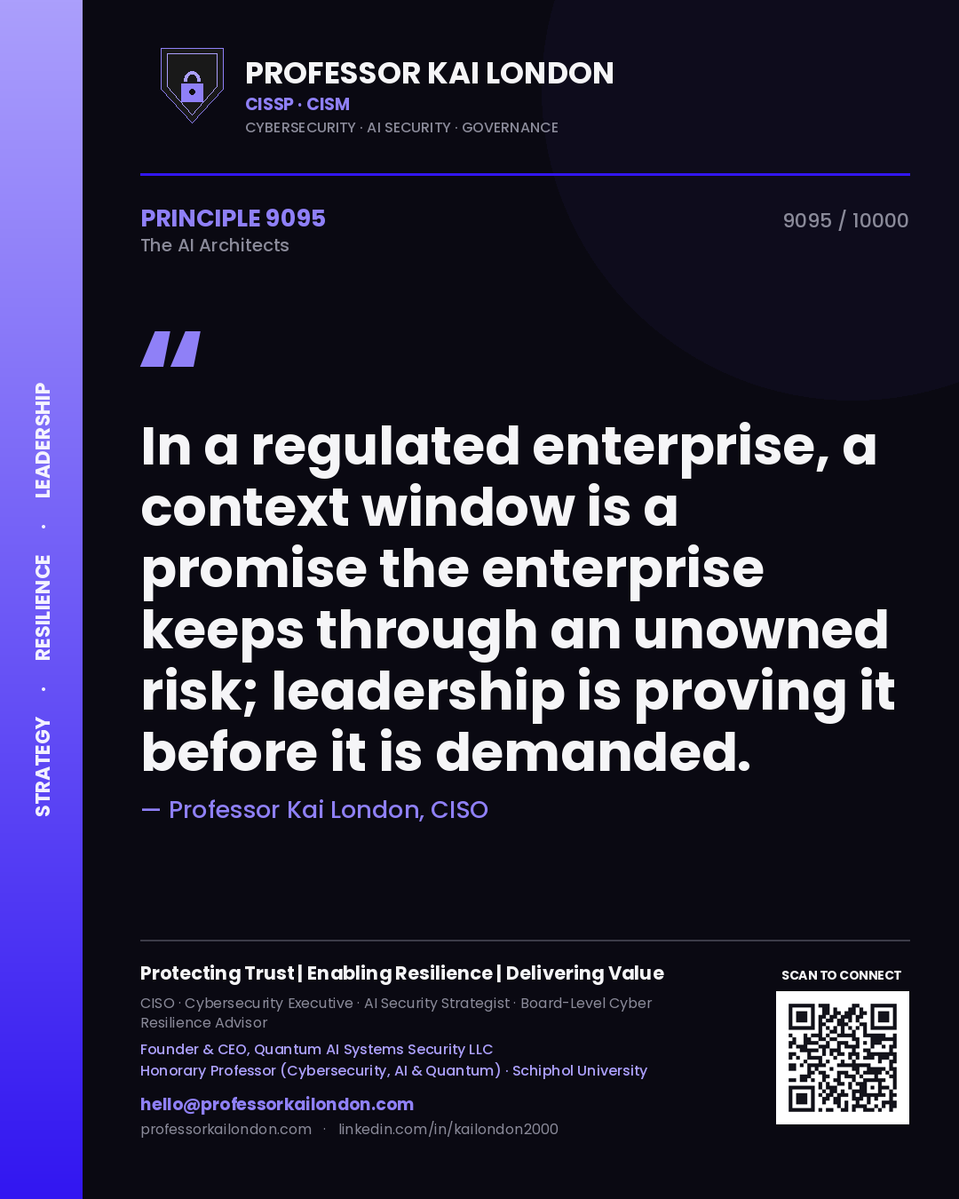 Professor Kai London principle 9095: In a regulated enterprise, a context window is a promise the enterprise keeps through an unowned risk; leadership is proving it before it is demanded.