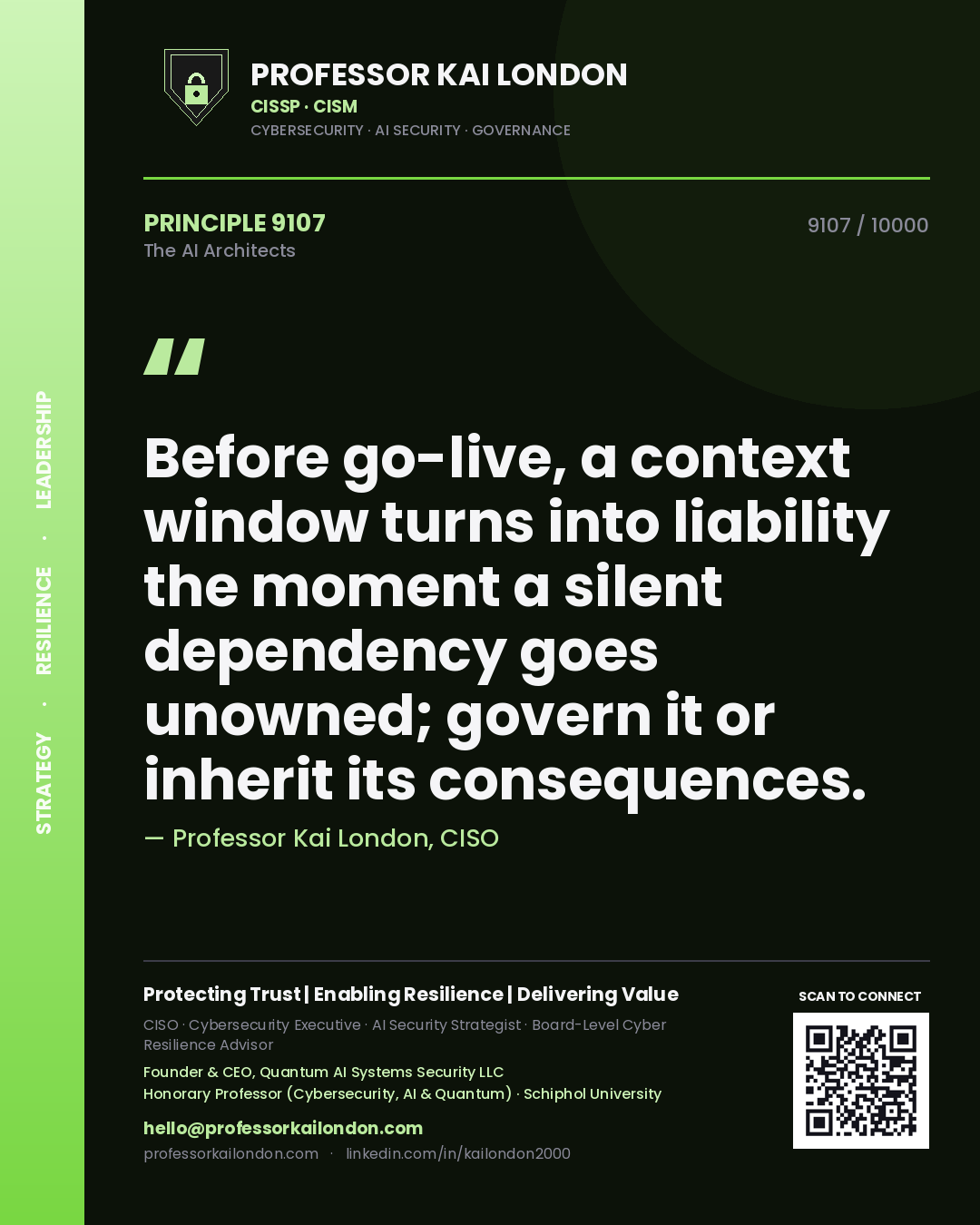 Professor Kai London principle 9107: Before go-live, a context window turns into liability the moment a silent dependency goes unowned; govern it or inherit its consequences.