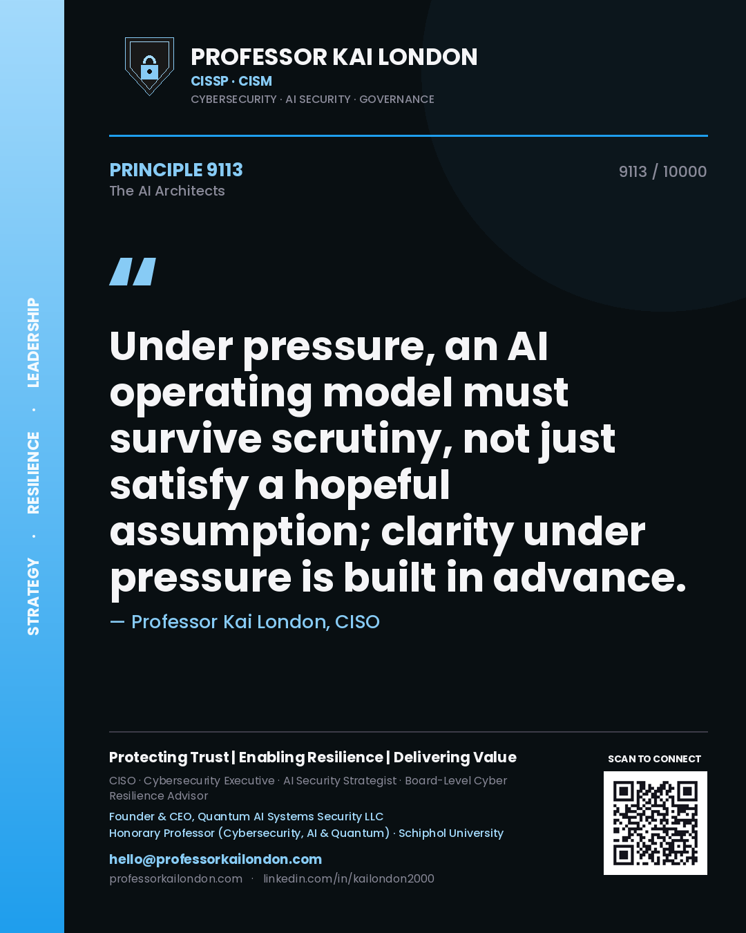 Professor Kai London principle 9113: Under pressure, an AI operating model must survive scrutiny, not just satisfy a hopeful assumption; clarity under pressure is built in advance.