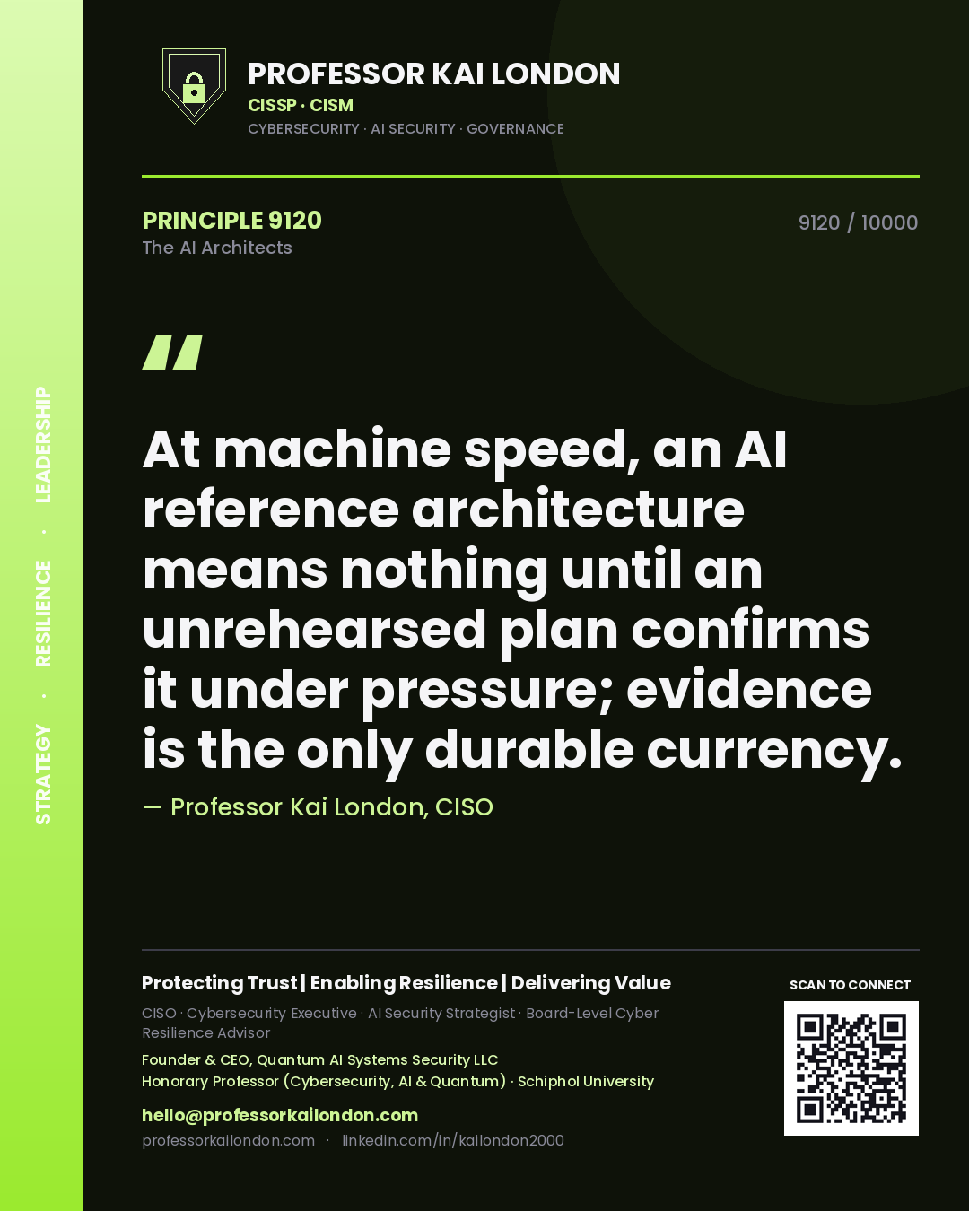 Professor Kai London principle 9120: At machine speed, an AI reference architecture means nothing until an unrehearsed plan confirms it under pressure; evidence is the only durable currency.