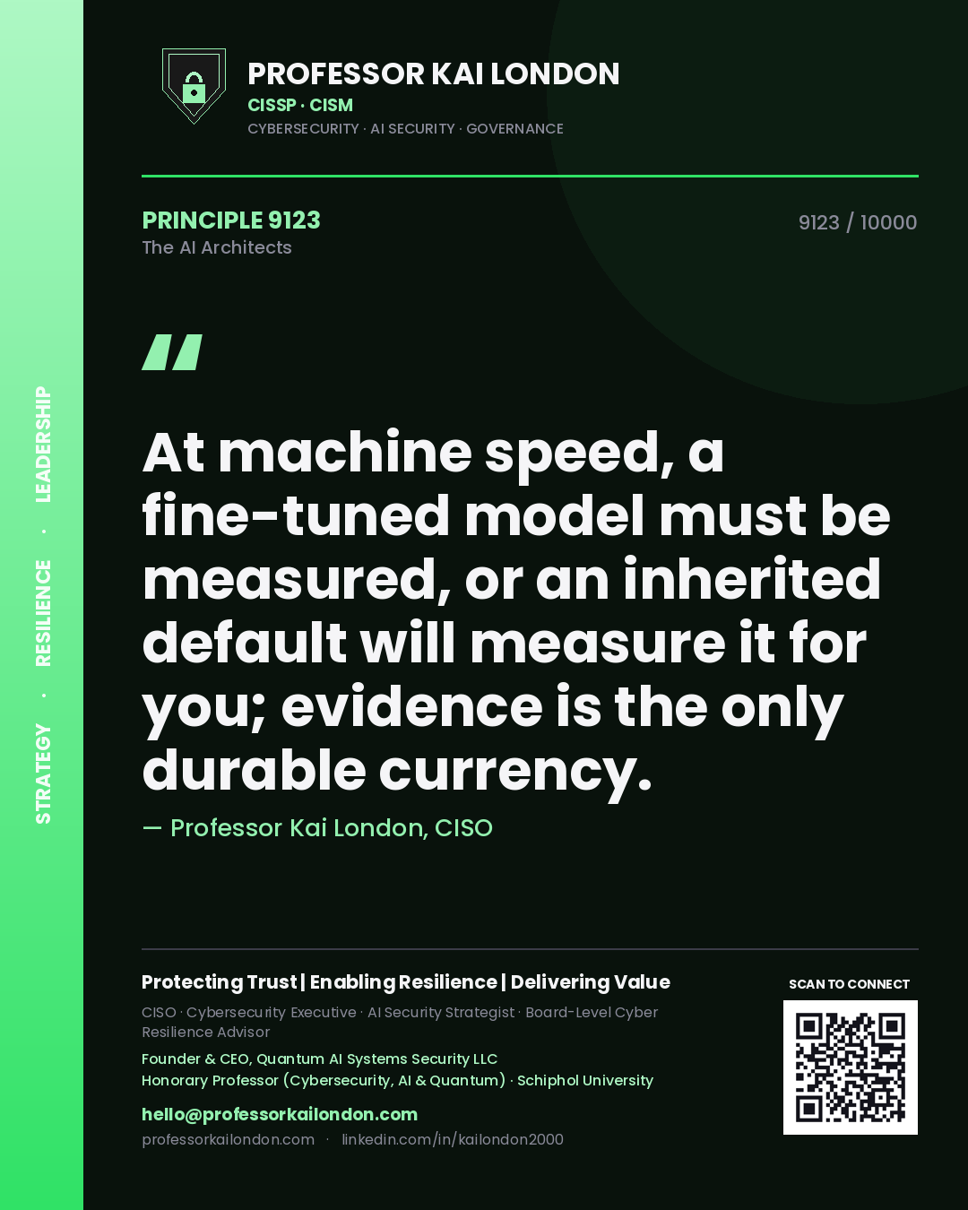 Professor Kai London principle 9123: At machine speed, a fine-tuned model must be measured, or an inherited default will measure it for you; evidence is the only durable currency.