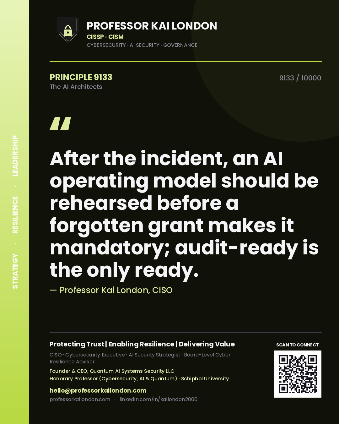 Professor Kai London principle 9133: After the incident, an AI operating model should be rehearsed before a forgotten grant makes it mandatory; audit-ready is the only ready.