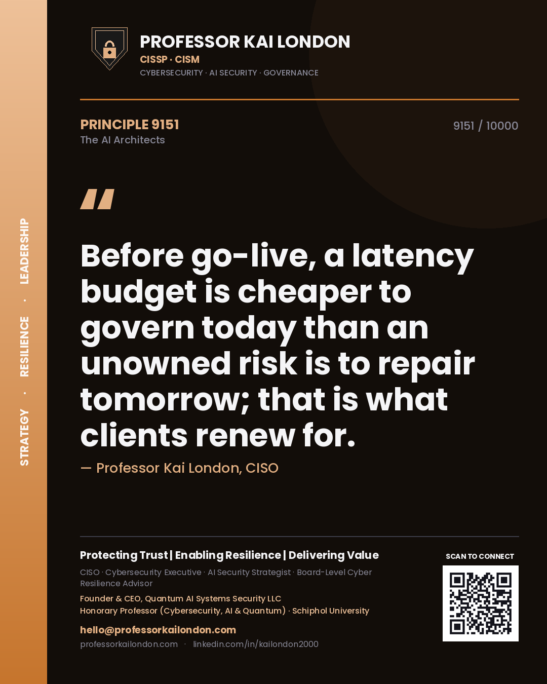 Professor Kai London principle 9151: Before go-live, a latency budget is cheaper to govern today than an unowned risk is to repair tomorrow; that is what clients renew for.