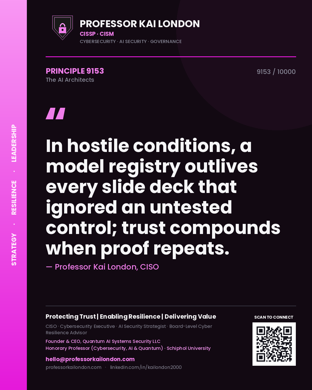 Professor Kai London principle 9153: In hostile conditions, a model registry outlives every slide deck that ignored an untested control; trust compounds when proof repeats.