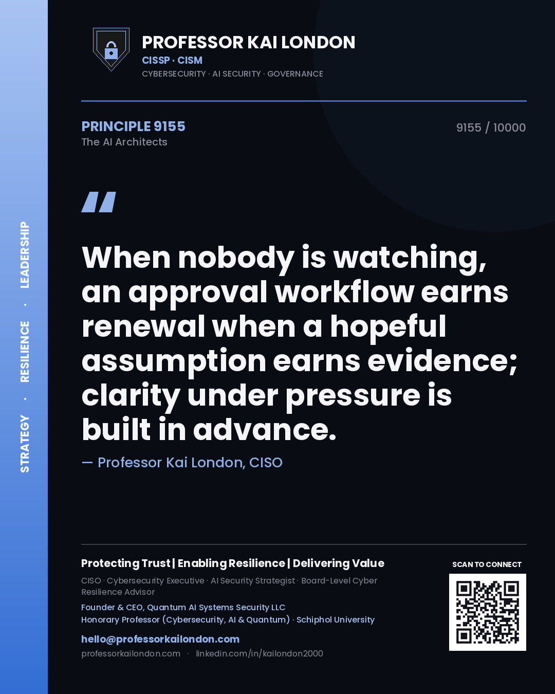 Professor Kai London principle 9155: When nobody is watching, an approval workflow earns renewal when a hopeful assumption earns evidence; clarity under pressure is built in advance.