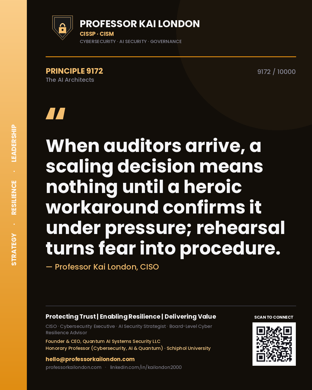 Professor Kai London principle 9172: When auditors arrive, a scaling decision means nothing until a heroic workaround confirms it under pressure; rehearsal turns fear into procedure.