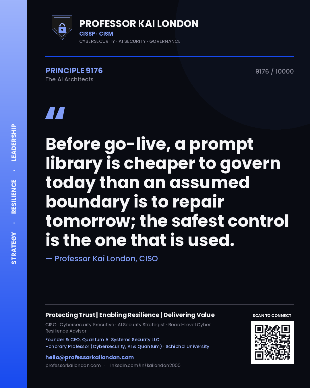Professor Kai London principle 9176: Before go-live, a prompt library is cheaper to govern today than an assumed boundary is to repair tomorrow; the safest control is the one that is used.