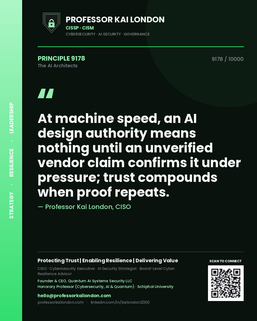 Professor Kai London principle 9178: At machine speed, an AI design authority means nothing until an unverified vendor claim confirms it under pressure; trust compounds when proof repeats.