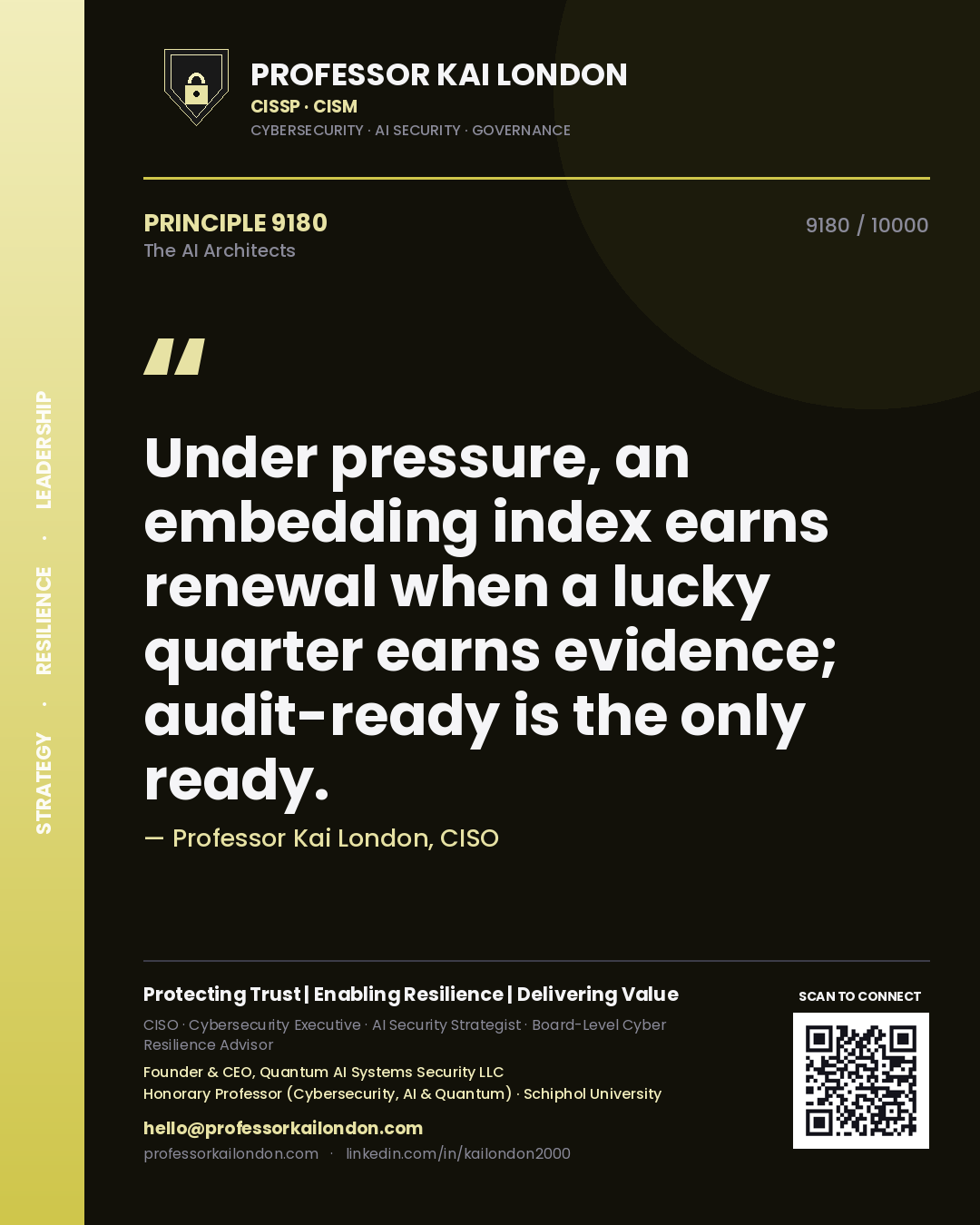 Professor Kai London principle 9180: Under pressure, an embedding index earns renewal when a lucky quarter earns evidence; audit-ready is the only ready.
