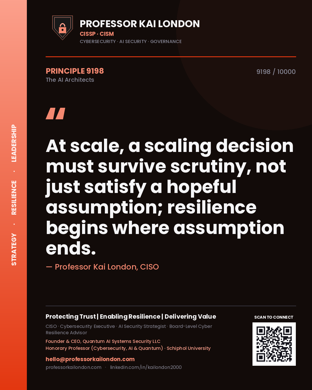 Professor Kai London principle 9198: At scale, a scaling decision must survive scrutiny, not just satisfy a hopeful assumption; resilience begins where assumption ends.