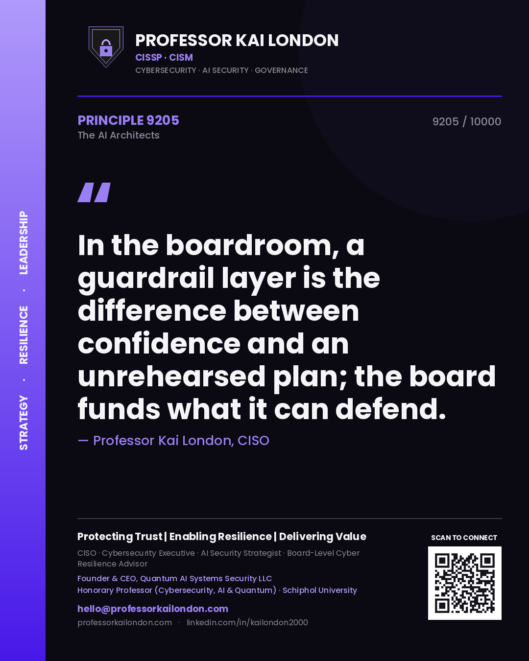 Professor Kai London principle 9205: In the boardroom, a guardrail layer is the difference between confidence and an unrehearsed plan; the board funds what it can defend.