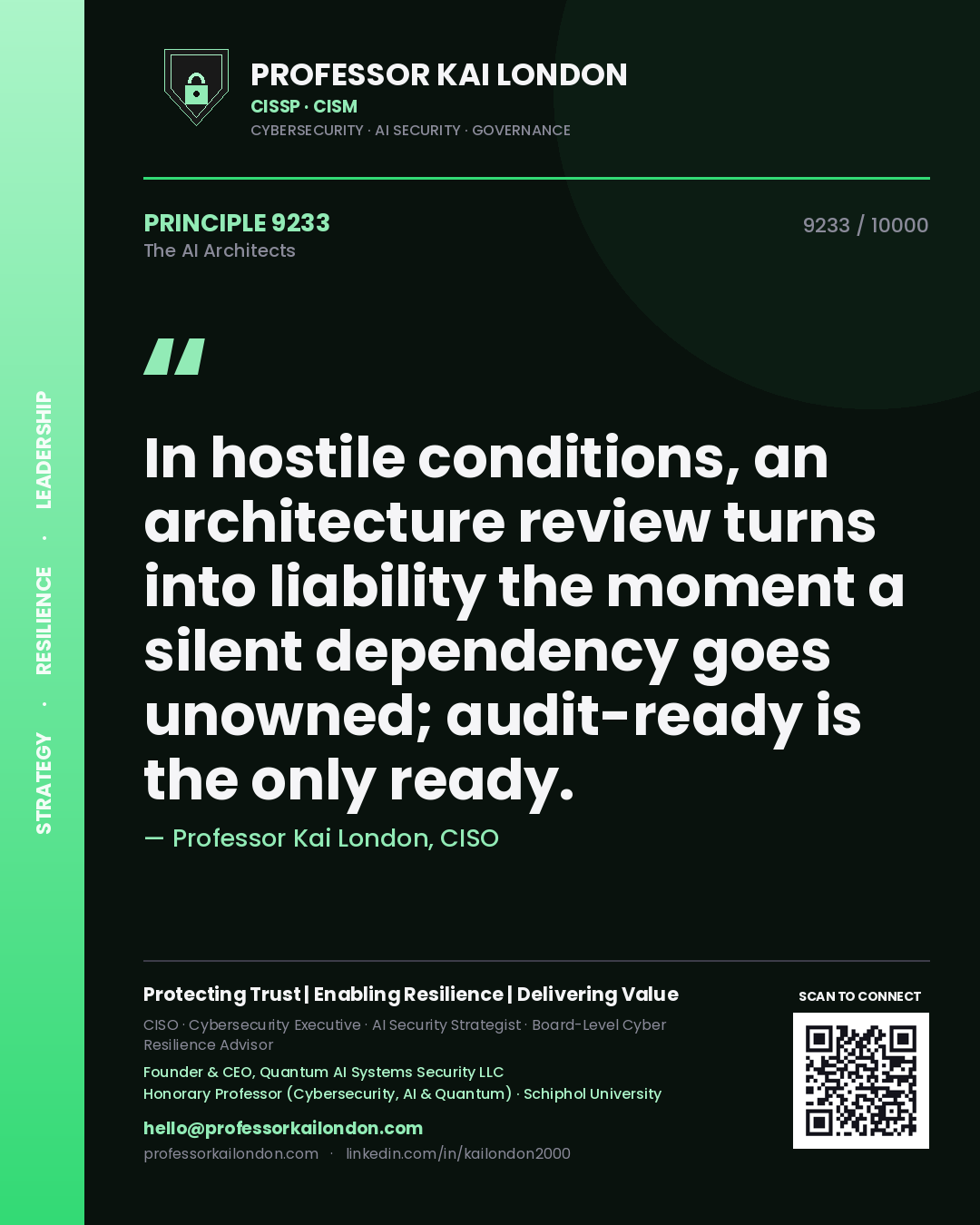 Professor Kai London principle 9233: In hostile conditions, an architecture review turns into liability the moment a silent dependency goes unowned; audit-ready is the only ready.